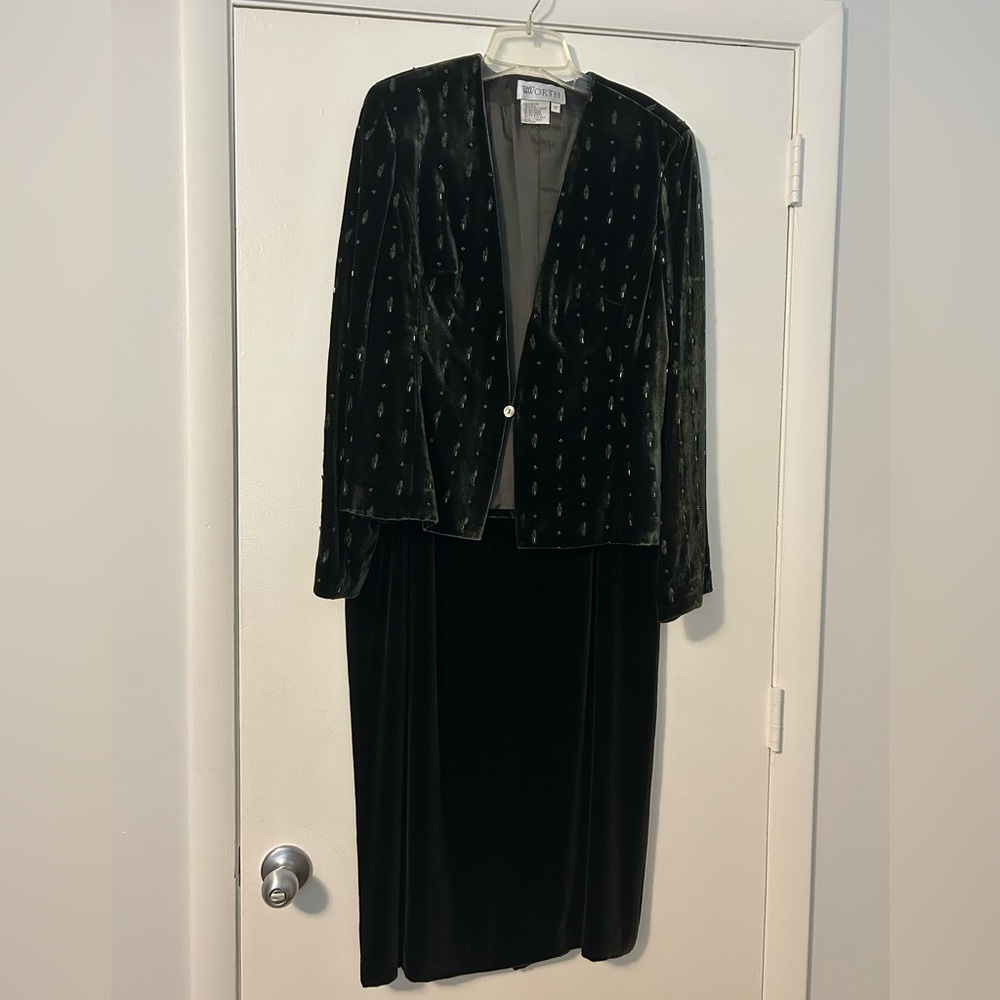 Vintage Worth Beaded Dark Green Blazer and Skirt Combo